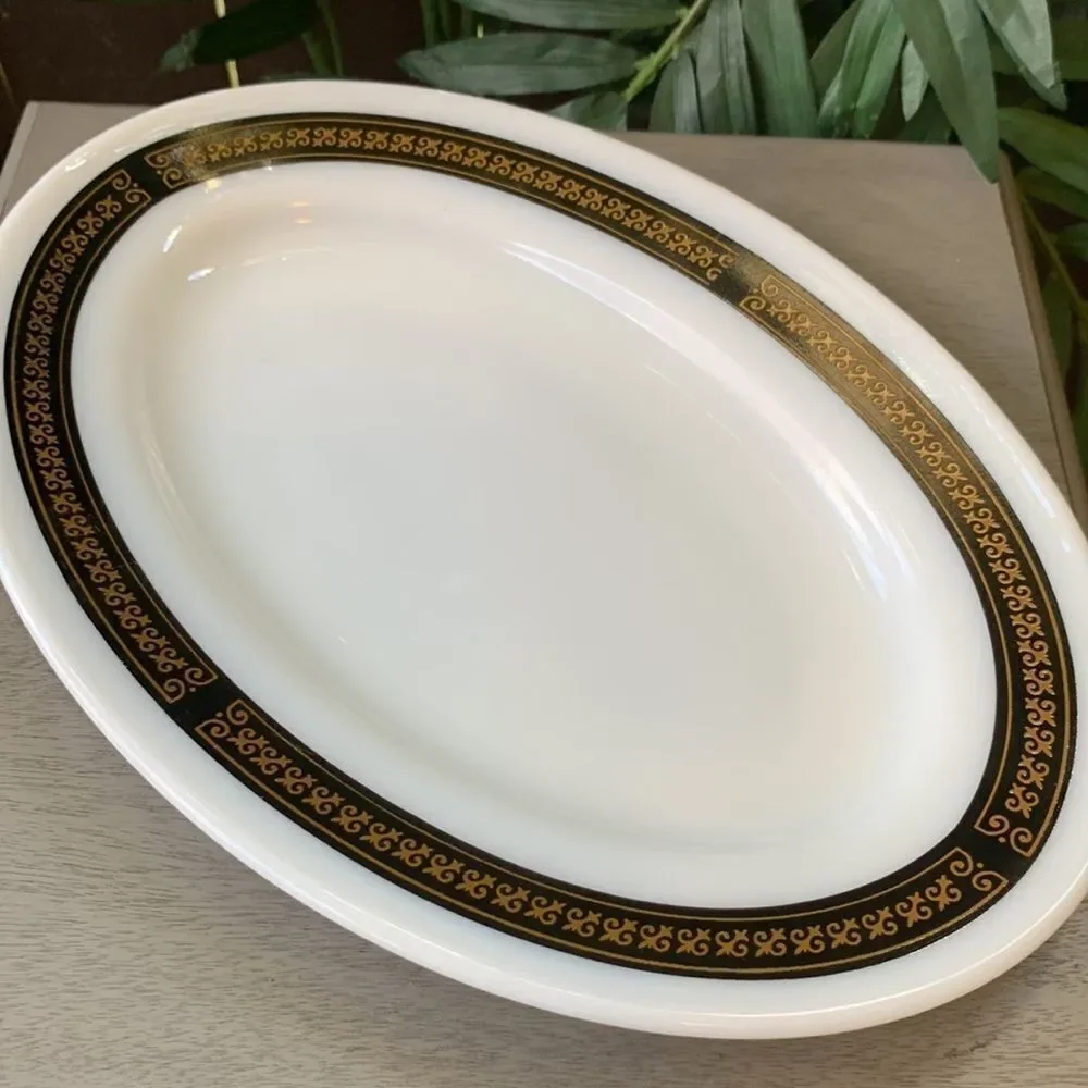 2 Pyrex Serving Plates Gold & Black Fleur De Lis Pattern Trim on White Ceramic